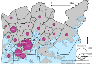 Alle 30-vuotiaiden yksin asuvien alueellinen jakautuminen Helsingissä.