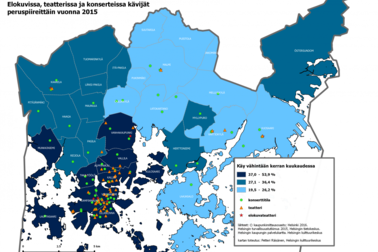 Kartta 1. Elokuvissa, teatterissa ja konserteissa kävijät peruspiireittäin vuonna 2015.