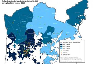Kartta 1. Elokuvissa, teatterissa ja konserteissa kävijät peruspiireittäin vuonna 2015.