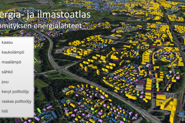Kuva 1. Helsingin rakennusten energiatietoja voi tarkastella kaupungin 3D-mallilla.